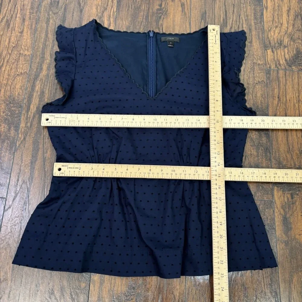 J. Crew Top 12 Navy Blue Swiss Dot Peplum Flutter Sleeve Scalloped V-Neck Blouse - Picture 7 of 11